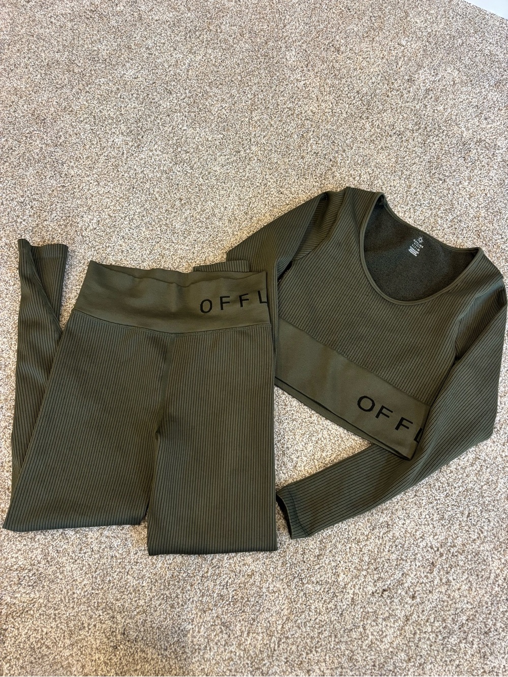 OFFLINE BY AERIE Ribbed Olive Green Long Sleeve Crop Top & Legging Set